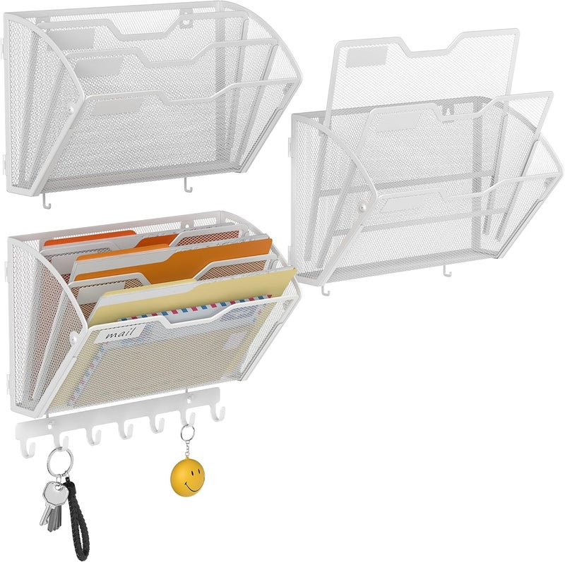 Docnest 3 Tier Mesh Wall File Holders with Hooks – 3 Pack Hanging Letter Holder - Document Organizer for Mail, Paper, Office, Home, School – Space-Saving Wall Mounted Folder Holder – White - Image 1